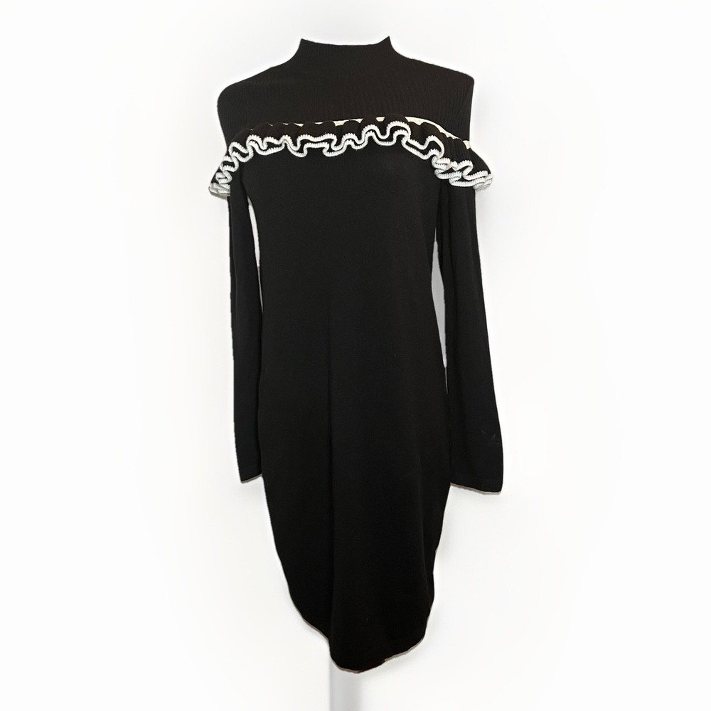 ASOS‎ Womens Ruffle Shoulder Sweater Dress Black White Size 2 Acrylic Blend